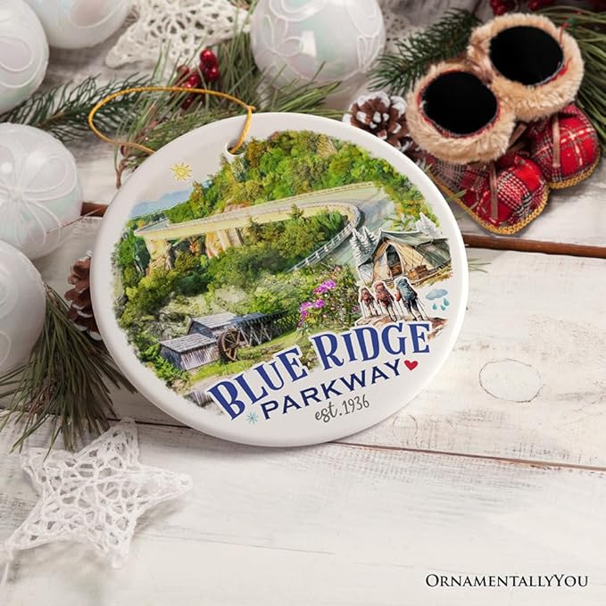 Artistic Blue Ridge Parkway Ceramic Ornament, US Travel Souvenir