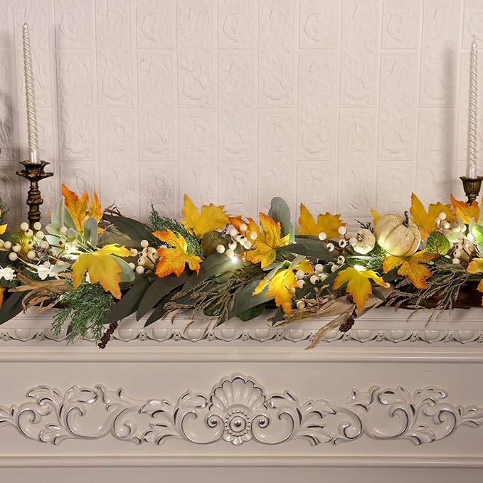 6 Ft Fall Garland for Mantle Fall Decorations for Home Porch Fall Maple Leaves Garlands with Lights/Timer Pumpkin Garland for Thanksgiving Outdoor Indoor Table Fireplace Wedding Hanging Autumn Decor