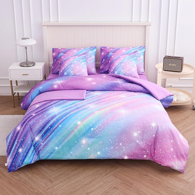 Rainbow Bedding Set Twin Size – 7 Piece Reversible Girls Comforter with Deep-Pocket Sheet, Gradient Galaxy Design, Whole-Piece Filling, Machine Washable Bed-in-a-Bag for Kids Room Makeover & Gifts