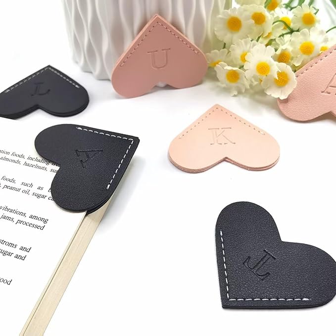 Personalized Leather Book Marks, Heart Bookmark, Unique Cute Handmade Letter Bookmarks Accessories for Reading Women, Teacher, Student, Book Lovers Book Mark Gifts (Black, J)