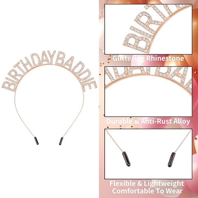 Canitor Birthday Baddie Sash Crown Set Birthday Party Favors Supplies Decorations & Accessories for Women Girl Men Adult Rhinestone Tiara Headband Soft Satin Sash