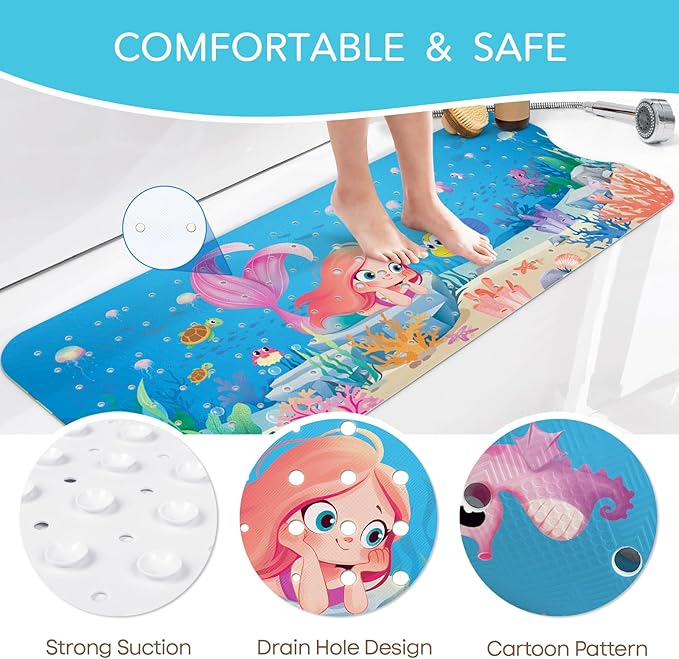 SHUCHING Mermaid Bath Mat for Tub Non Slip-40 X 16 Inch, Girl Bathtub Mat Non Slip, Long Toddler Baby Kids Shower Mat for Bathroom