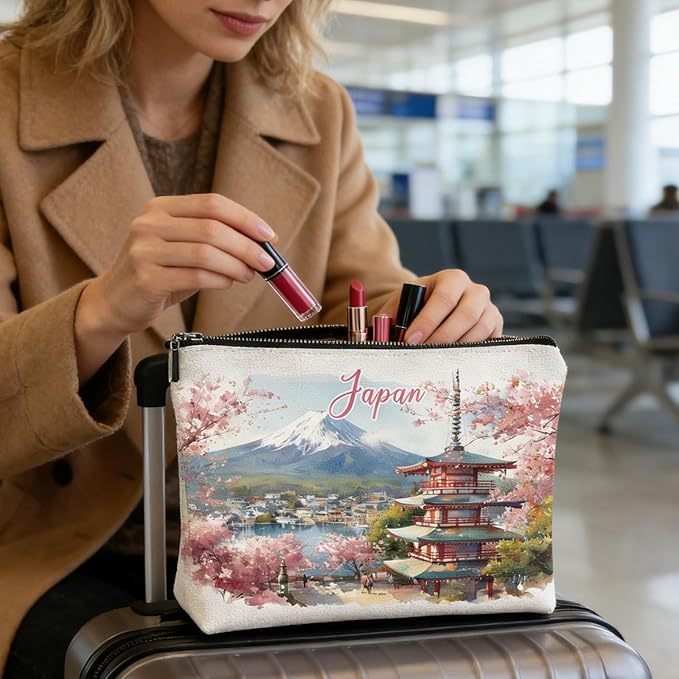 Japan Bags Travel Souvenir Gift - Japanese Gifts Mont Fuji Cherry Blossom Scenery Design Makeup Bag for Japan Enthusiasts Travelers, Japanese Pouch Travel Essentials Must Have