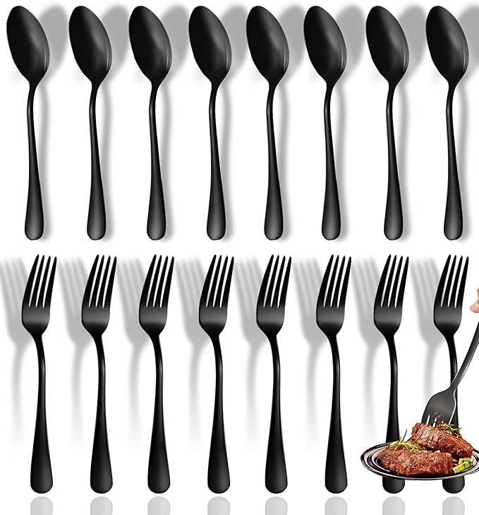 Black Spoons and Forks Set, Set of 16 Top Food Grade Stainless Steel Forks and Spoons Silverware Set, Kitchen Accessories Cutlery Set, Mirror Finish
