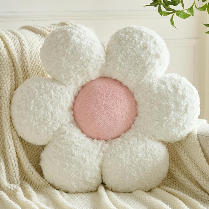 Flower Pillows, Decorative Throw Pillow with Soft Plush for Couch, Flower Shaped Pillow Home Decor Daisy Pillow for Bed (White, 14.9 Inches)