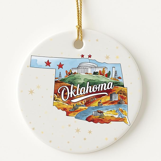 USA State Landmark Ceramic Ornament – Round Glossy Christmas Decoration Featuring U.S. State Art, Landmarks & Holiday Scenery – Collectible Travel Souvenir Ornament Series (Oklahoma)