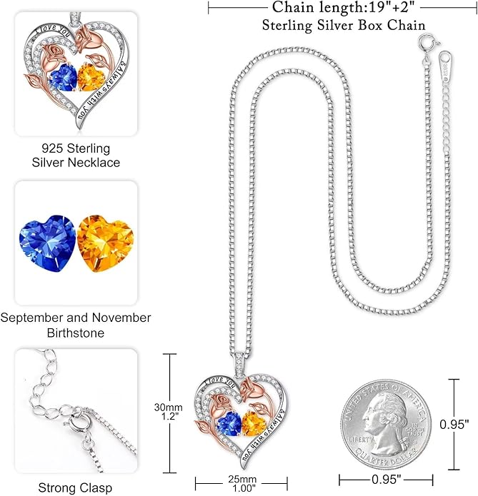 Iefil Valentines Day Gifts for Her - 925 Sterling Silver Rose Heart Birthstone Necklace Birthday Anniversary Jewelry Gifts for Her Wife Mom Daughter