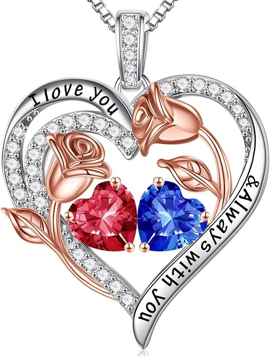 Iefil Valentines Day Gifts for Her - 925 Sterling Silver Rose Heart Birthstone Necklace Birthday Anniversary Jewelry Gifts for Her Wife Mom Daughter