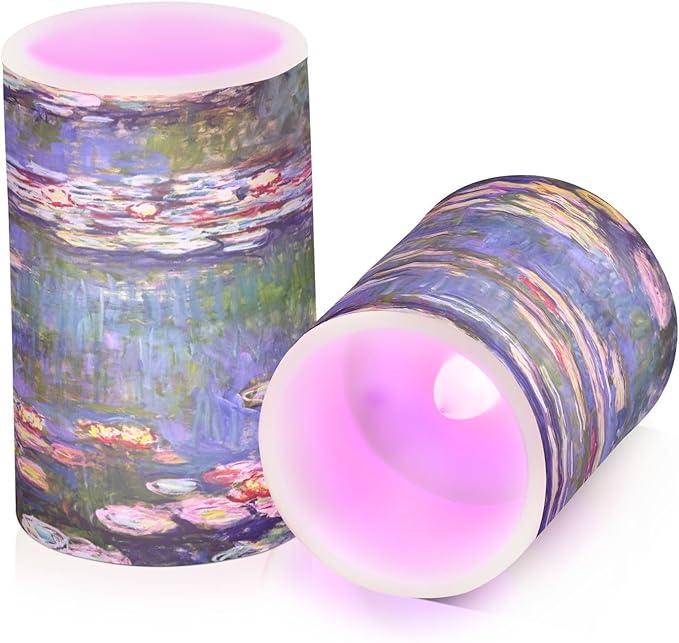 ALAZA Monet Painting Flickering Flameless Candles Battery Operated with Remote Timer,Tea Light Candles LED Pillar Votive Candles Set of 2 for Outdoor Indoor Decorations