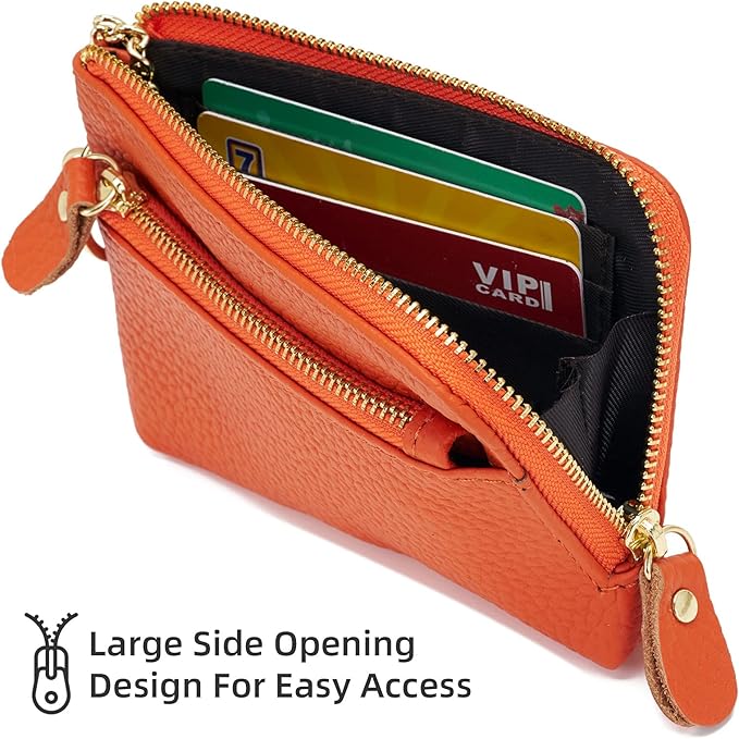 Genuine Leather Coin Purse for Women with Large Opening & Wrist Strap Navy (Orange)