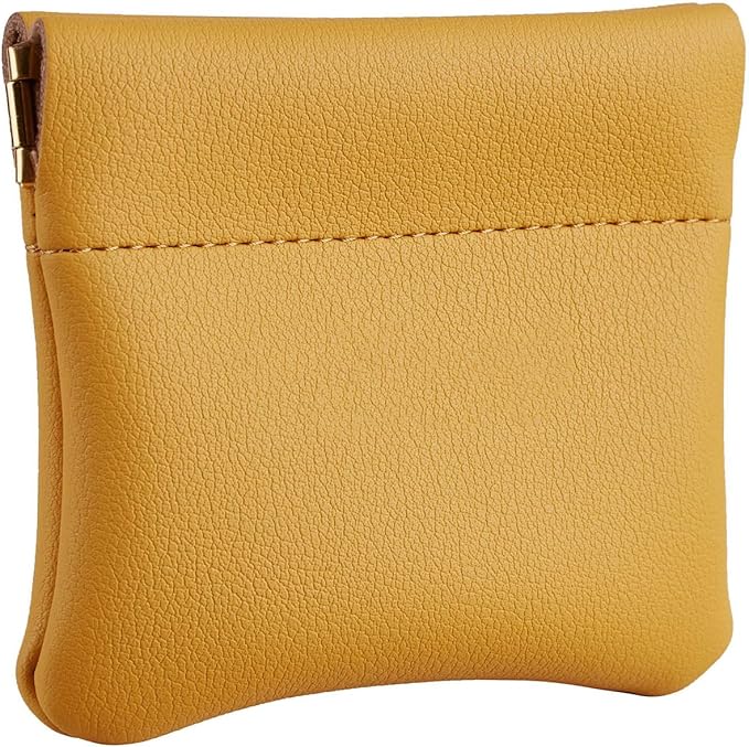 Squeeze Coin Purse Genuine Leather Wallet Compact Change Holder Travel Pouch for Women Gift Box (Yellow)