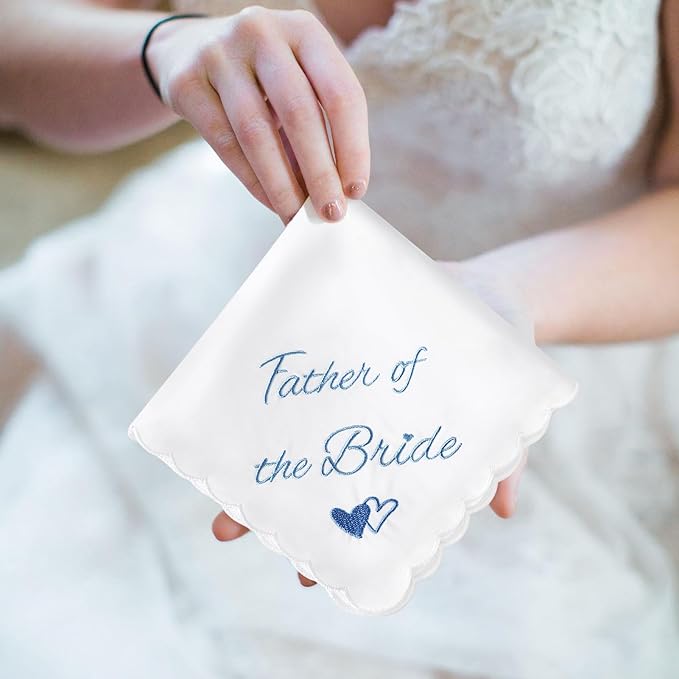 Wedding Handkerchief Something Blue for Bride, Mother Father of the Brides Groom Gifts, Embroidered Happy Tears Cotton Hanky