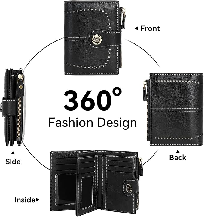 Women's Small Genuine Leather Bifold Wallet Large Capacity RFID Blocking with 16 Card Slots 2 ID Windows and Zipper Coin Pocket Pink (Black)