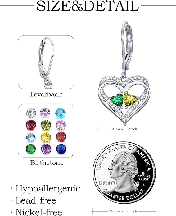 Heart Leverback Earrings Double Birthstone Dangle Earrings for Women, Love Jewelry for Her, Christmas Gifts for Women, Anniversary Birthday Gift for Mom Wife Girlfriend