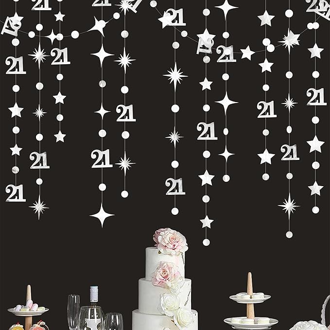 Silver 21st Birthday Decorations Number 21 Circle Dot Twinkle Star Garland Metallic Hanging Streamer Banner Backdrop for Girls Boys Cheers to 21 Years Finally Legal Bday 21st Anniversary Party Decor