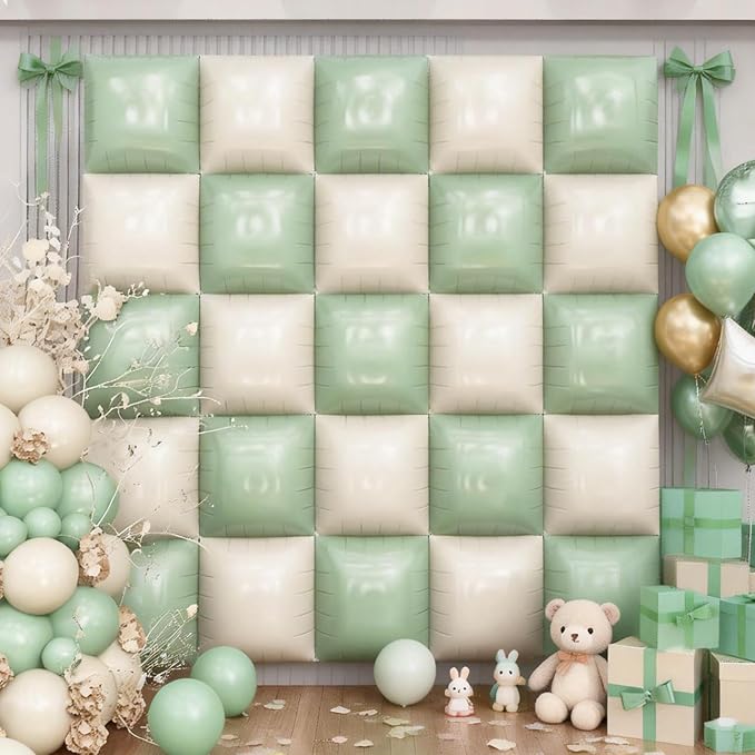 Sage Green Square Foil Balloon Wall, 20 PCS Double Sided Mint and Beige Square Balloon Wall Backdrop for Gender Neutral Baby Shower Wedding Jungle Safari Woodland Birthday Party Decoration