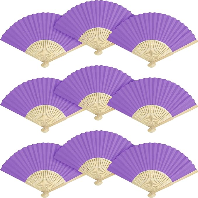 50 Pieces Paper Fans Paper Hand Fan Bamboo Folding Fan Handheld Fan Paper Folded Fan Paper Fan for Wedding Party and Home Decoration (Purple)