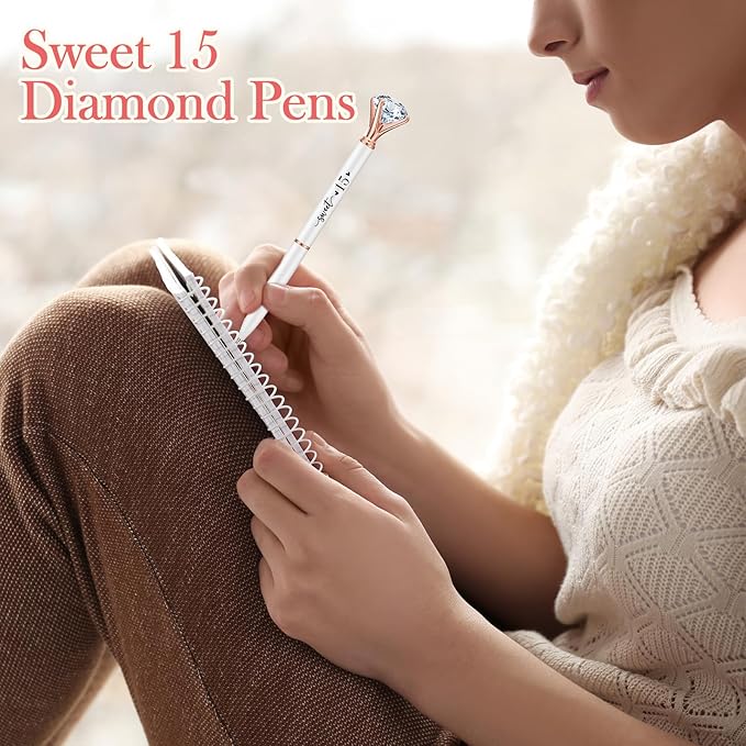 25 Sets Quinceanera Party Favors Sweet 15 Diamond Pens Fancy Ballpoint Pens with Crystal Birthday Party Thank You Cards and Ties Thank You Gifts for Guests Back School(White, Pink)