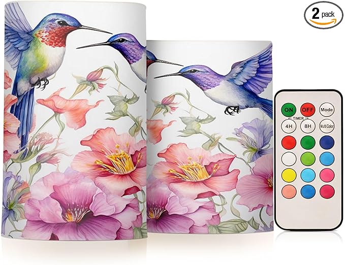 ALAZA Spring Hummingbird Flowers Flickering Flameless Candles Battery Operated with Remote Timer,Tea Light Candles LED Pillar Votive Candles Set of 2 for Outdoor Indoor Decorations