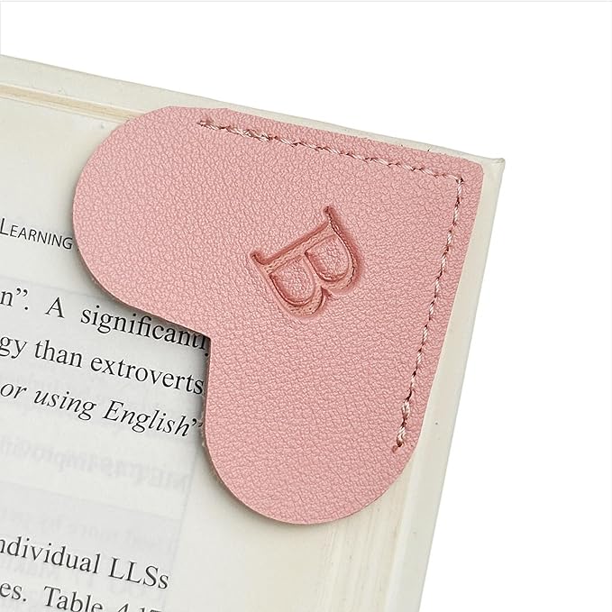 MOTEERLLU Personalized Leather Heart Bookmark with Initial, Cute Letters Custom Corner Book Mark for Reading Women, Teacher, Student, Book Lovers Gifts & Accessories(Pink, B)