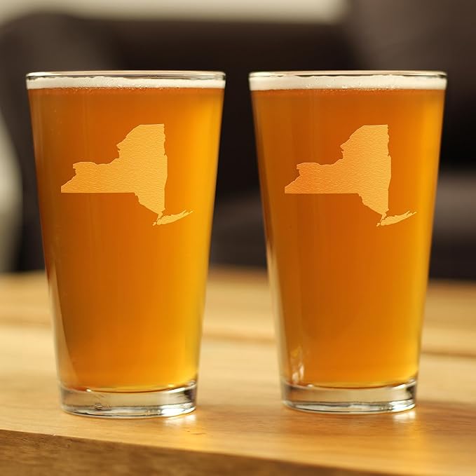 Bevvee New York State Outline Pint Glass for Beer - State Themed Drinking Decor and Gifts for New Yorker Women & Men - Set of 2-16 Oz Glasses