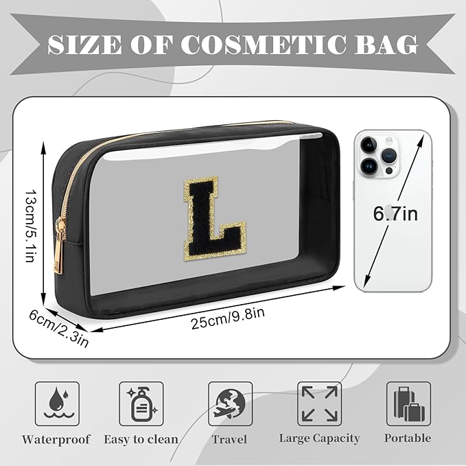 Personalized Initial Letter Clear Makeup Bag,Preppy Small Nylon&PVC Cosmetic Zipper Bag with Chenille Letter,Travel Skincare Toiletry Bag,Monogram Christmas Gift for Teen Girls Women,L