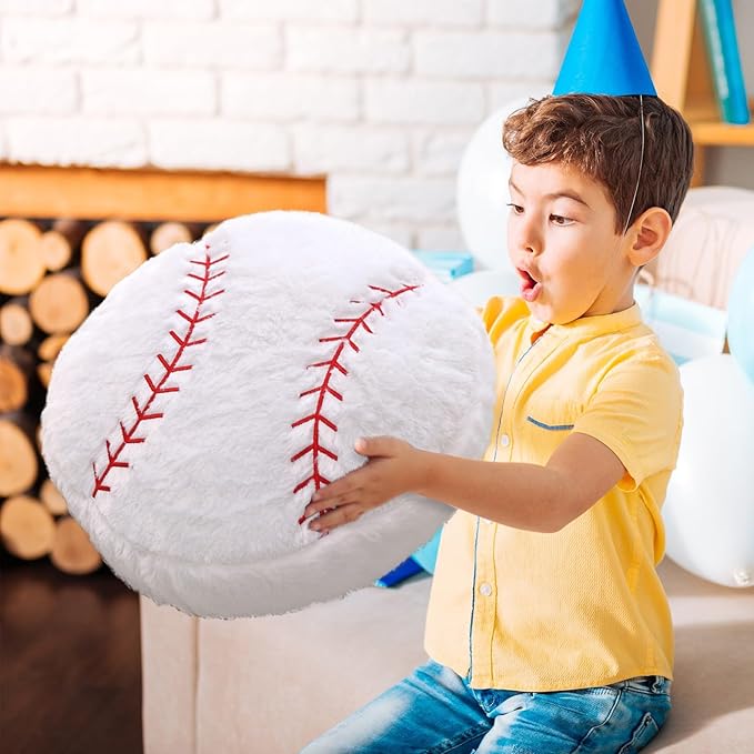 Baseball Pillow, 2 Pcs Baseball Plush Pillow, Soft Fluffy Stuffed Sports Throw Pillows, Home Decor Cushion, Round Baseball Pillows, Sports for Room Decoration 15.8"