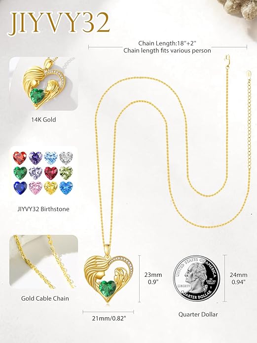 Mother and Daughter/Son Love Heart Necklace White Gold/14K Gold/Rose Gold Birthstone Jewelry Christmas Mothers Day Birthday Gifts For Mom Wife Grandma Women