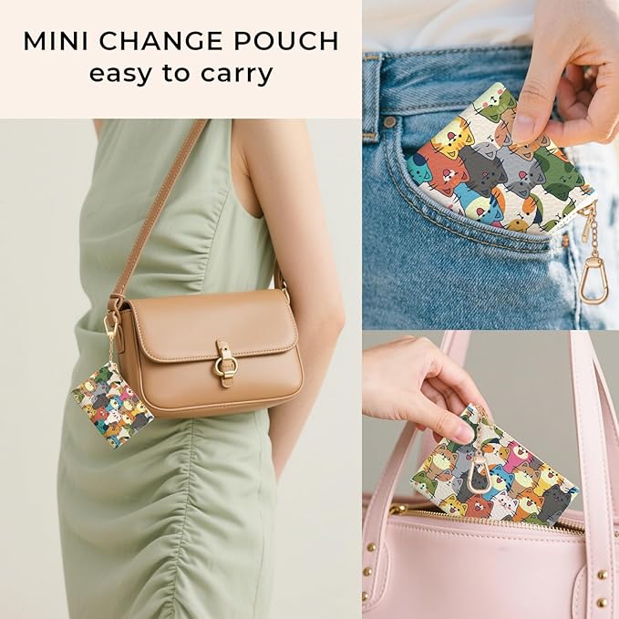 Colorful Cats Keychain Coin Purse for Women, Cute Small PU Leather Change Pouch, Zipper Little Tiny Travel Wallet for Girls, Cute Kawaii Zip Pocket Coin Holder with Key Ring