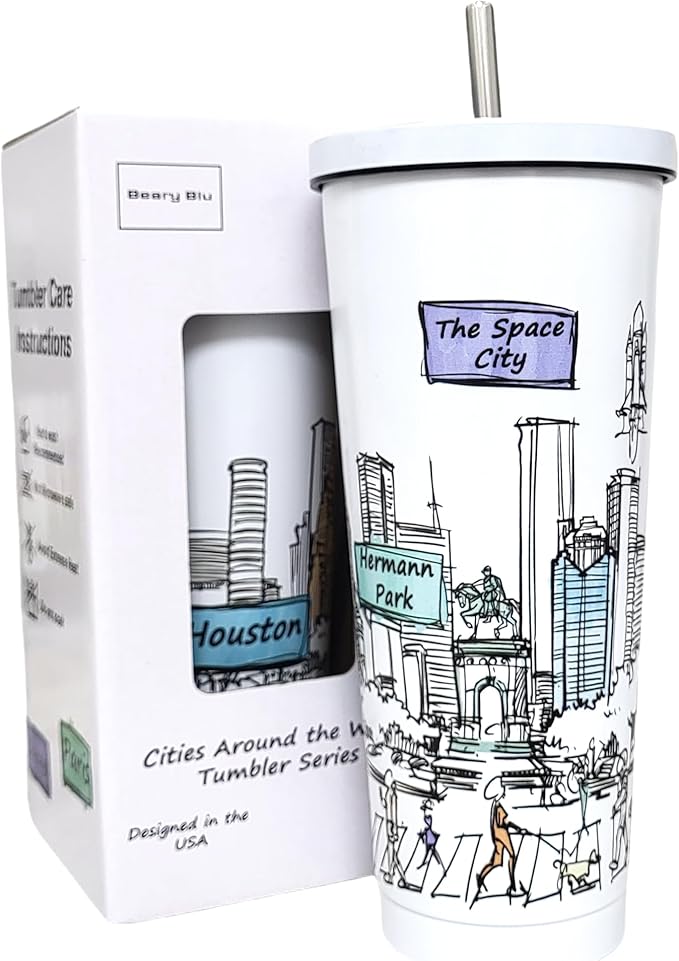 Cities Around the World 25 Oz Tumbler Series - Designed in the USA - Vacuum Insulated Tumbler with Lids & Straw - Stainless Steel Coffee Water Travel Mug, for Hot Cold Drink (Houston)