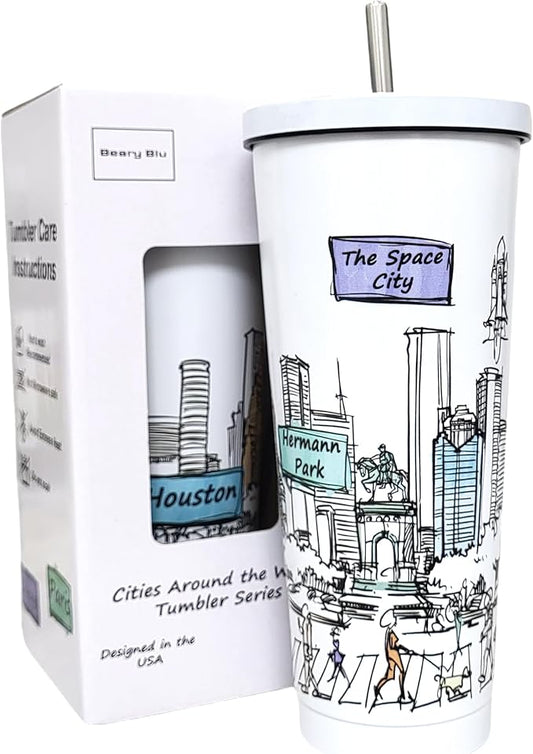 Cities Around the World 25 Oz Tumbler Series - Designed in the USA - Vacuum Insulated Tumbler with Lids & Straw - Stainless Steel Coffee Water Travel Mug, for Hot Cold Drink (Houston)