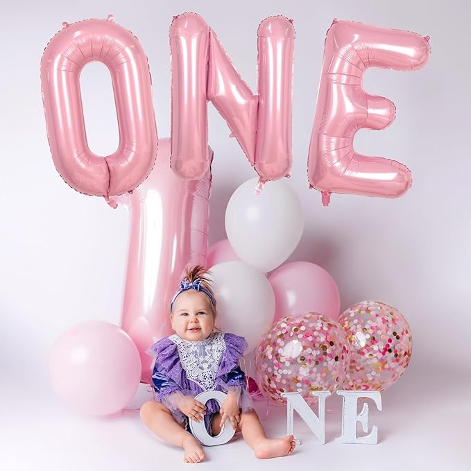 40 Inch Pastel Pink ONE Balloon for 1st Birthday - Light Pink Letters With Ribbon - Baby Pearl Alphabet for Girls First Birthday, 1 Year Old Baby Shower Party Decorations