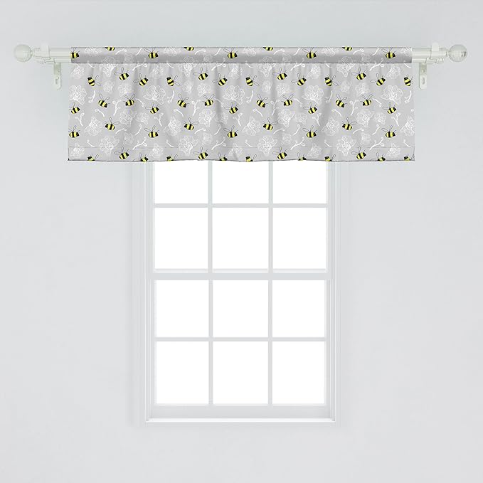 Ambesonne Entomology Window Valance, Print of Bumblebee Buzzing Around Orchids, Curtain Valance for Kitchen Bedroom Decor with Rod Pocket, 54" X 18", Yellow Charcoal