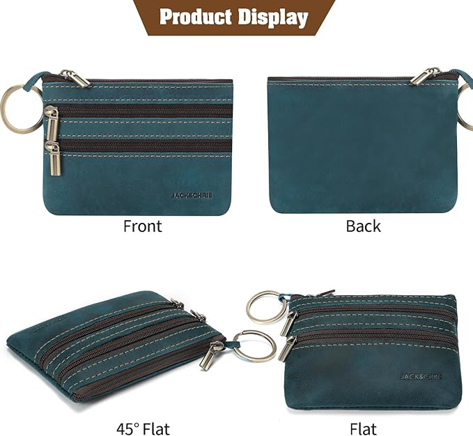 Jack&Chris Coin Purse Pouch for Men, Genuine Leather Coin Purse Zipper Pocket with Keychain Ring, Coin Bag for Men,JC301-Blue