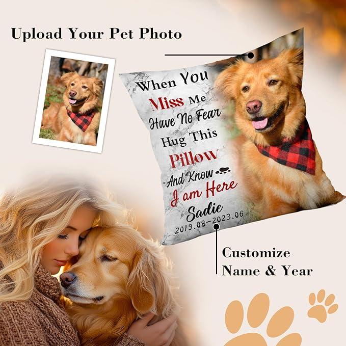 Personalized Memorial Throw Pillow with Photo (Insert Included), Sympathy Gift for Pet Loss, Customized Pillow Pets for Dog Owners (Brown)