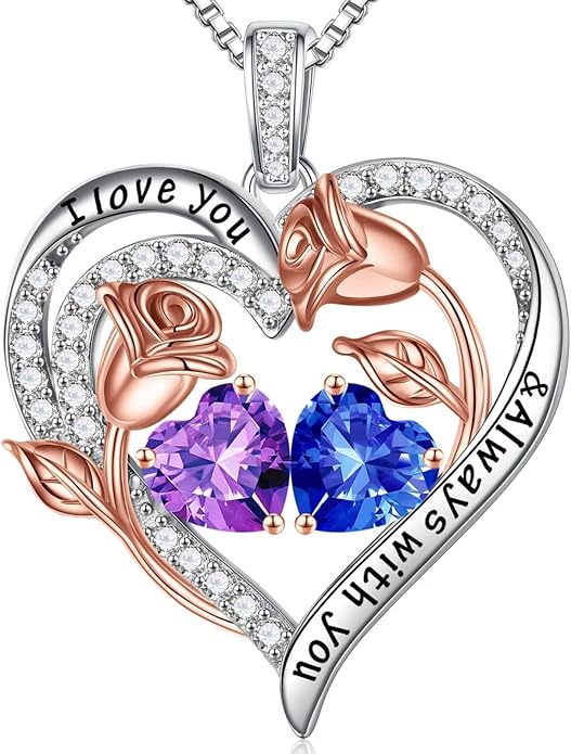 Iefil Valentines Day Gifts for Her - 925 Sterling Silver Rose Heart Birthstone Necklace Birthday Anniversary Jewelry Gifts for Her Wife Mom Daughter