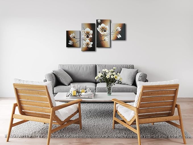 Wieco Art 100% Hand-painted Abstract Floral Oil Painting on Canvas Warm Day Yellow Flowers Bloom Ready to Hang for Living Room Bedroom Home Decorations 4pcs/set