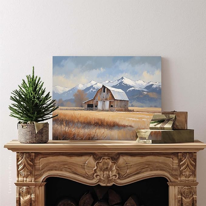 Mountain snow barn murals rural farm natural scenery Thanksgiving decorative paintings suitable for home decoration bathroom bedroom living room decoration24x36in(60x90cm)- Unframed