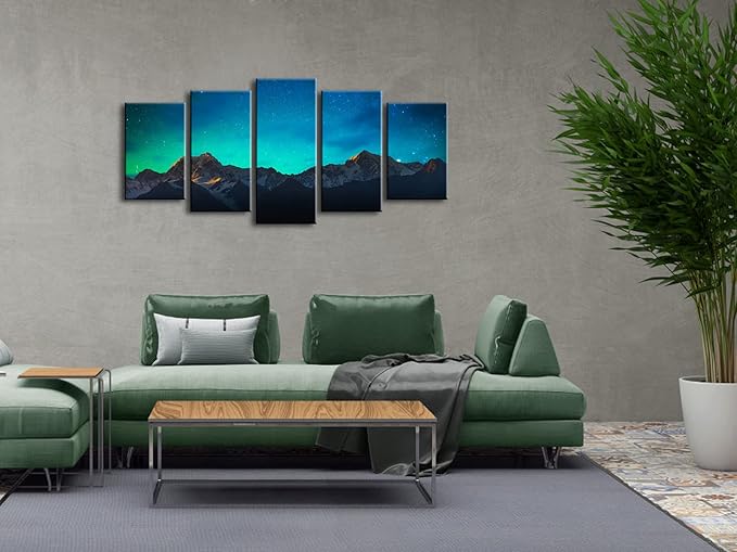 Wieco Art Canvas Wall Art Mount Cook and Lake Matheson New Zealand with Milky Way Modern 5 Piece Canvas Artwork Starry Night Pictures for Bedroom Kitchen Living Room Wall Decor Home Decorations
