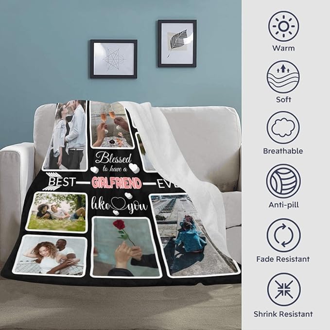 Custom Blanket Gifts for Girlfriend, Customized Blankets with Photos, Make a Personalized Bed Throws, Custom Souvenir Throw Blanket for Best Girlfriend Ever, 8 Collages Made in USA