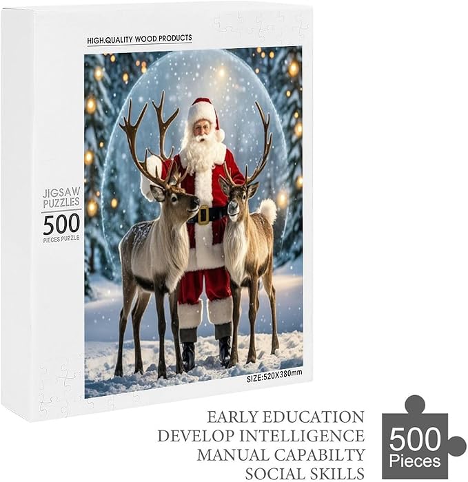 Puzzles for Adults 500 Pieces Wooden Jigsaw Puzzle - Santa Claus and Reindeer Christmas Series Theme Puzzle，Party Games，Family Toys，Educational Puzzles，Stress Relief Wooden Puzzle，Home Decoration