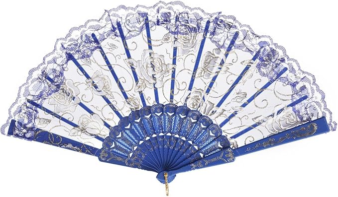 QIRMIZI 30pcs Silk Folding Hand Fans,Silk Fans,Royal Blue Rose Fans,Perfect for Weddings, Parties, and Dancing,Royal Blue
