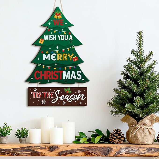 CHDITB Merry Christmas Tree Wooden Sign, We Wish You A Merry Christmas Wood Hanging Plaque, Holiday Xmas Front Door Sign, Rustic Festive Wall Hanger Xmas Wall Decor for Outdoor Porch Yard Home Decor
