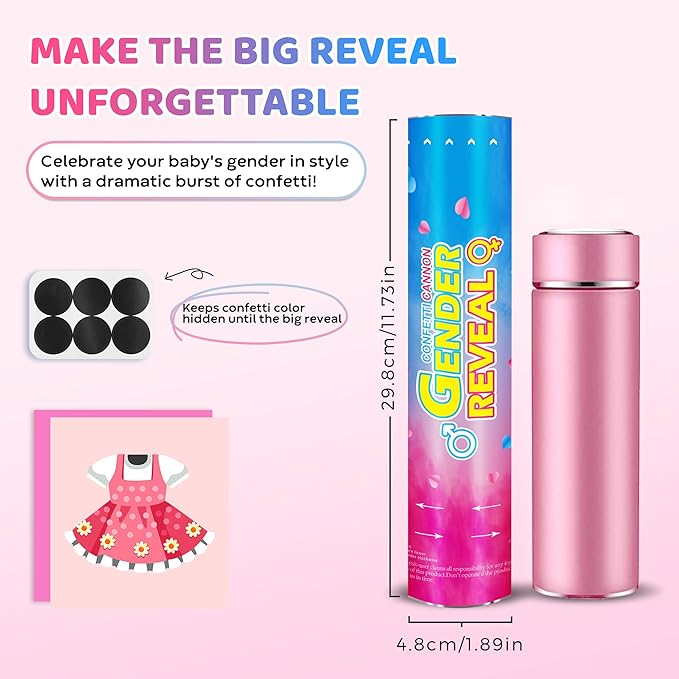 Gender Reveal Confetti Cannons – 6 Pack Pink Party Poppers – Baby Girl Gender Reveal Cannon Kit with Heart-Shaped Confetti – Easy Twist Shooters for Baby Reveal Party Decorations (Pink)