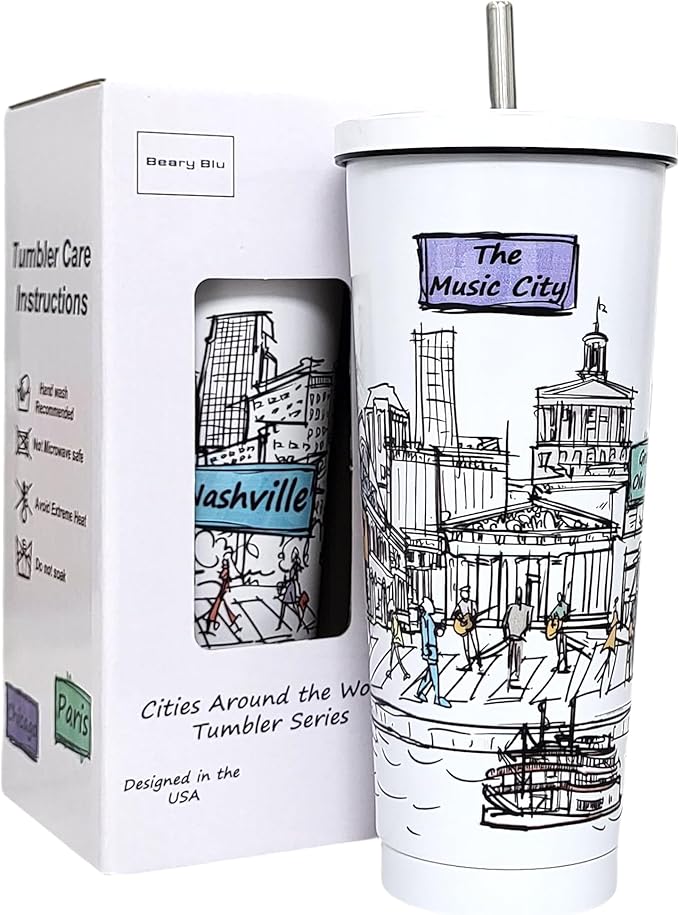 Cities Around the World 25 Oz Tumbler Series- Designed in the USA- Vacuum Insulated Tumbler with Lids Straw - Stainless Steel Coffee Water Travel Mug, Cup for Hot Cold Drink (Nashville)