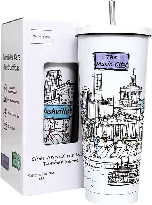 Cities Around the World 25 Oz Tumbler Series- Designed in the USA- Vacuum Insulated Tumbler with Lids Straw - Stainless Steel Coffee Water Travel Mug, Cup for Hot Cold Drink (Nashville)