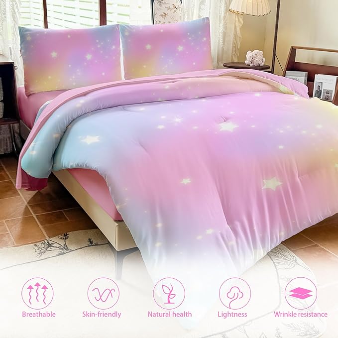Rainbow Bedding Set Twin Size – 5 Piece Reversible Girls Comforter with Deep-Pocket Sheet, Gradient Galaxy Design, Whole-Piece Filling, Machine Washable Bed-in-a-Bag for Kids Room Makeover & Gifts