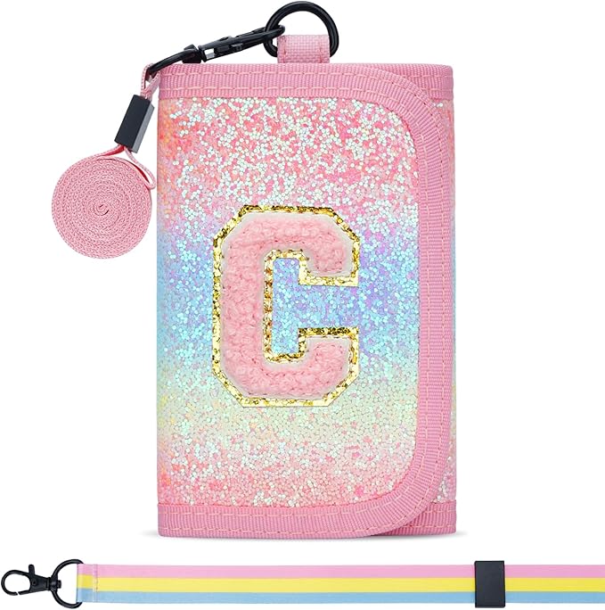Gifts for Girls 3 4 5 6 7 8 9 10 11 12 Years Old Kids Wallet Cute Initial Coin Purse Toddler Wallet with Magic Sticker(Shiny Rainbow, C)