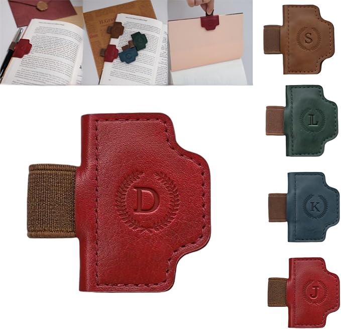 Personalized Magnetic Bygone Mark Bookmark with Pen Holder, 26 Letters Name Initial Custom Leather Book Mark for Women, Gifts for Book Lovers and Readers (Red,D)