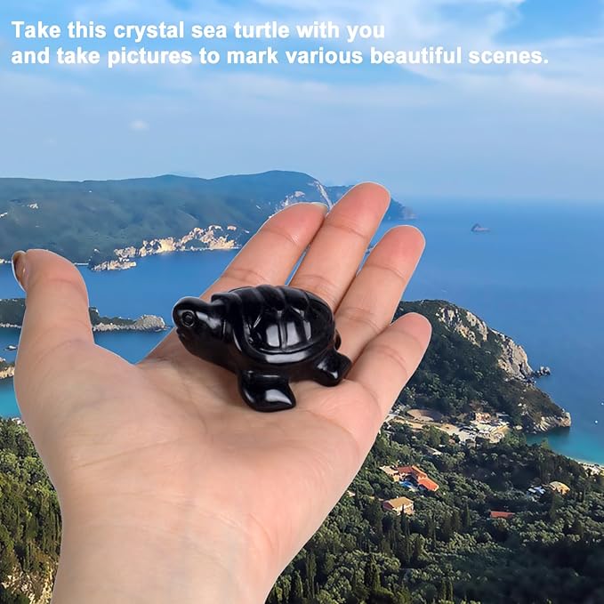 Crystal Travel Sea Turtle Figurines, Black Obsidian Turtle Travel Gifts for Women Men Travelers, Hand Carved Good Luck Charm, Spiritual Companion Collectible Animal Statue Decors 2.1”